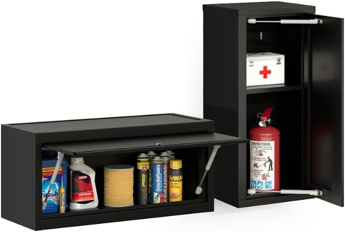 Heavy Duty Metal Wall Cabinet, Wall Mounted Garage Storage Cabinet, Lockable Steel Floating Cabinet with Adjustable Shelf, Black Wall Mount Storage Organizer, Vertical or Horizontal Mounting