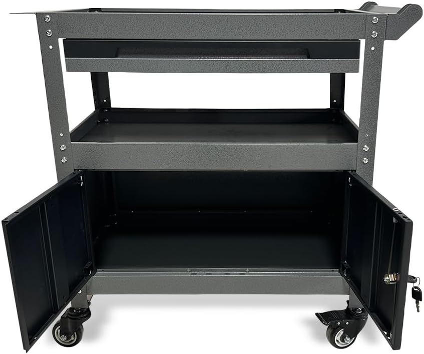 JZD Steel Rolling Tool Cart, Metal Industrial Grade Utility Cart on Wheels with One Drawer & Lockable Cabinets, for Mechanic Garage Auto Repair Shop, Black & Grey