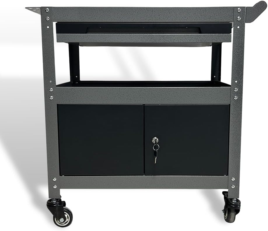 JZD Steel Rolling Tool Cart, Metal Industrial Grade Utility Cart on Wheels with One Drawer & Lockable Cabinets, for Mechanic Garage Auto Repair Shop, Black & Grey