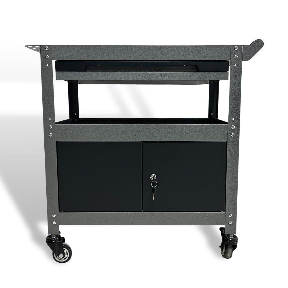 JZD Steel Rolling Tool Cart, Metal Industrial Grade Utility Cart on Wheels with One Drawer & Lockable Cabinets, for Mechanic Garage Auto Repair Shop, Black & Grey