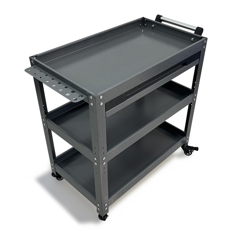 JZD Steel Rolling Tool Cart, Metal Industrial Grade Utility Cart on Wheels with One Drawer & Lockable Cabinets, for Mechanic Garage Auto Repair Shop, Black & Grey