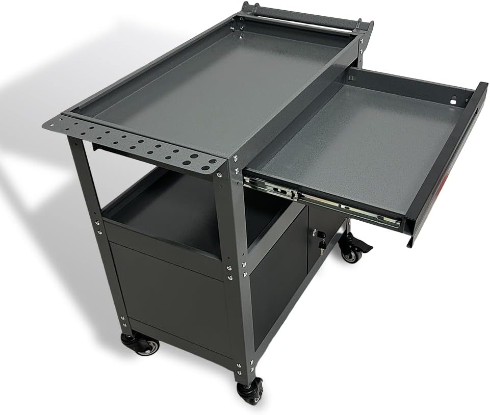 JZD Steel Rolling Tool Cart, Metal Industrial Grade Utility Cart on Wheels with One Drawer & Lockable Cabinets, for Mechanic Garage Auto Repair Shop, Black & Grey