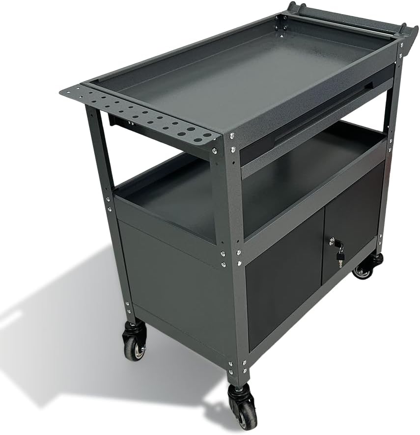 JZD Steel Rolling Tool Cart, Metal Industrial Grade Utility Cart on Wheels with One Drawer & Lockable Cabinets, for Mechanic Garage Auto Repair Shop, Black & Grey