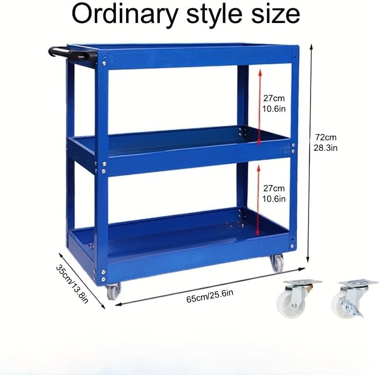 3-Tier Rolling Tool Cart, Blue, 470 LBS Capacity, 360-Degree Silent Swivel Casters with Brakes, Steel