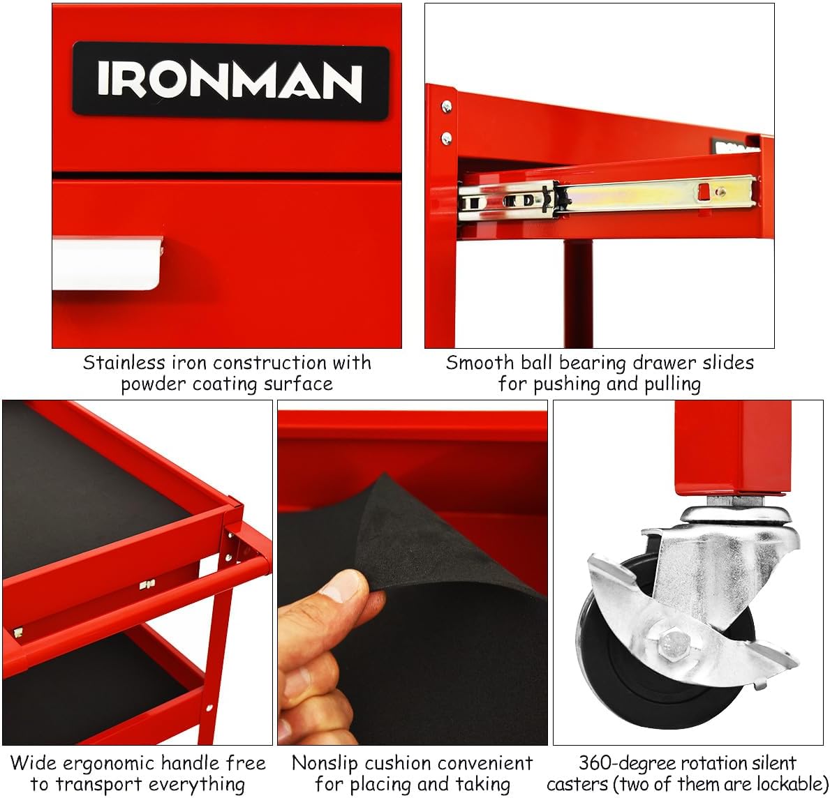 IRONMAX 3 Tier Tool Chest, Heavy Duty Industrial Utility Service Cart with Drawer & Wheels, Rolling Mechanic Tool Box Organizer for Garage Warehouse Workshop Repair Shop Office, 330 LBS Capacity (Red)