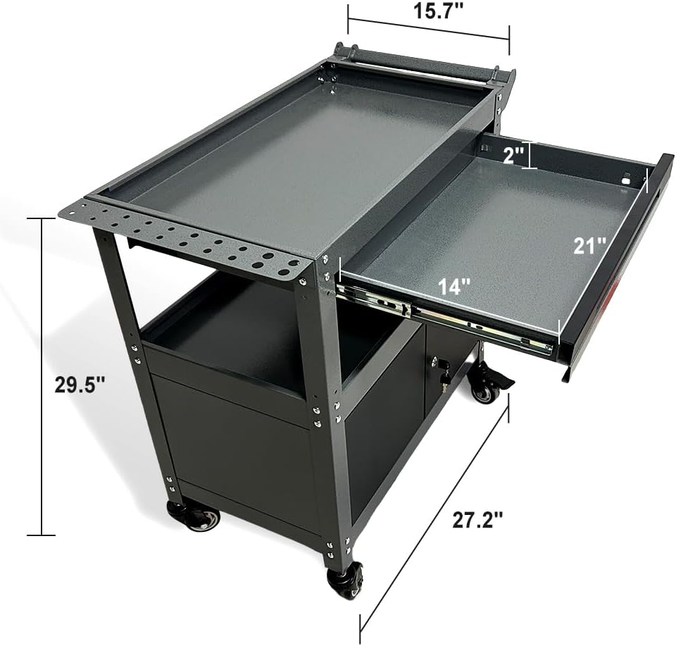 JZD Steel Rolling Tool Cart, Metal Industrial Grade Utility Cart on Wheels with One Drawer & Lockable Cabinets, for Mechanic Garage Auto Repair Shop, Black & Grey
