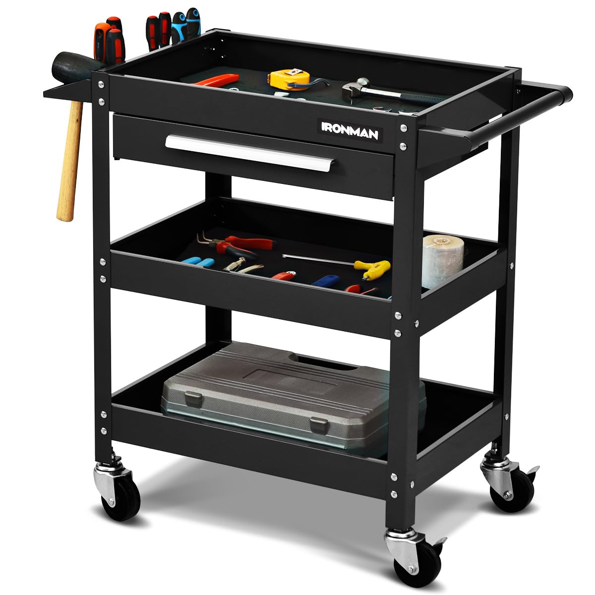 IRONMAX 3 Tier Tool Chest, Heavy Duty Industrial Utility Service Cart with Drawer & Wheels, Rolling Mechanic Tool Box Organizer for Garage Warehouse Workshop Repair Shop Office, 330 LBS Capacity (Red)