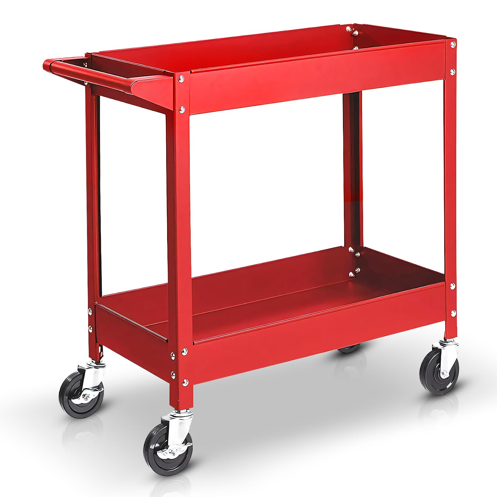 BIG RED Steel Rolling Service Tool Cart with 3 Tires , Heavy Duty Utility Cart on Wheels with Two Brake for Office，Kitchen，warehouse,400 lbs Capacity,Red