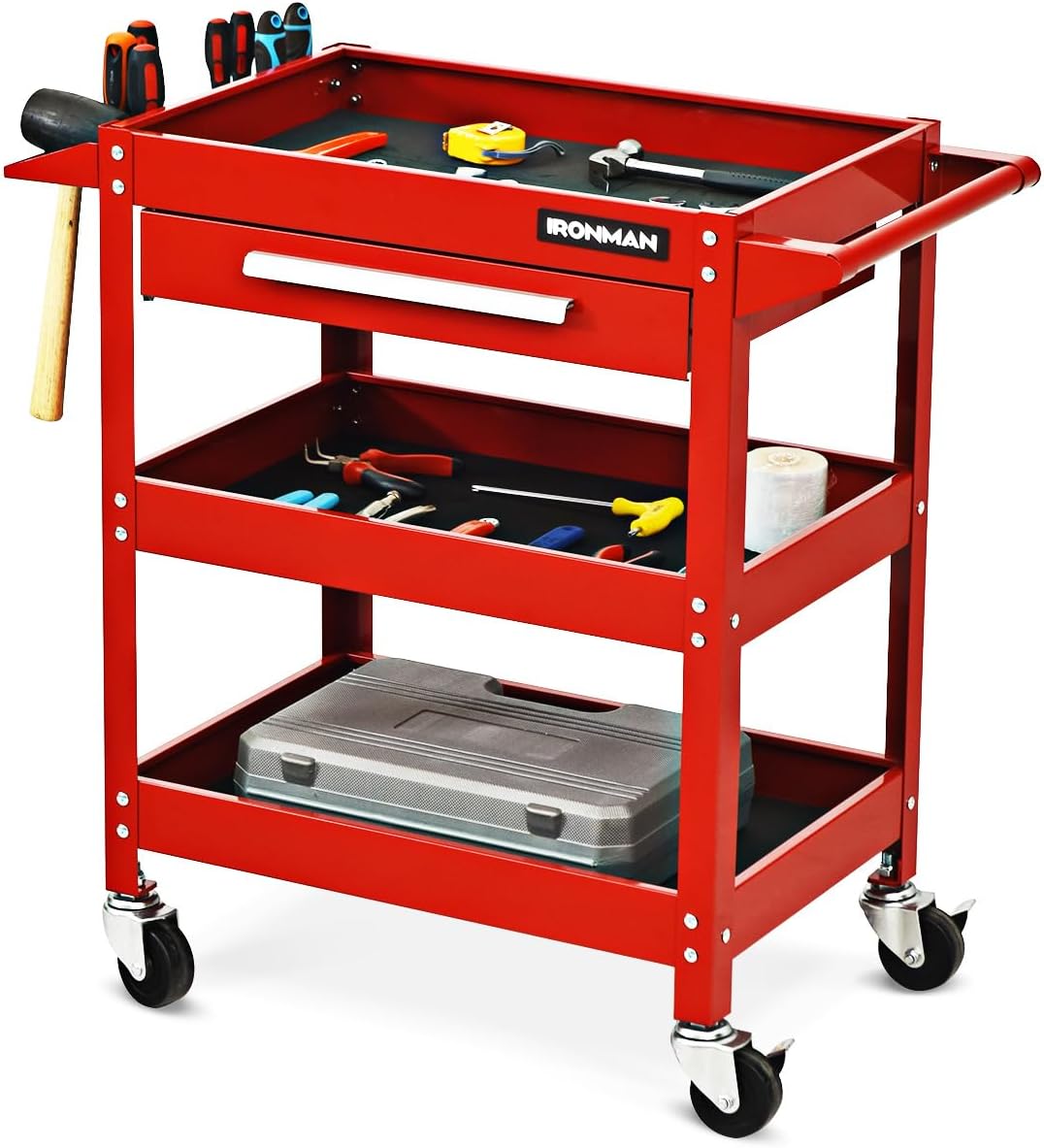 IRONMAX 3 Tier Tool Chest, Heavy Duty Industrial Utility Service Cart with Drawer & Wheels, Rolling Mechanic Tool Box Organizer for Garage Warehouse Workshop Repair Shop Office, 330 LBS Capacity (Red)