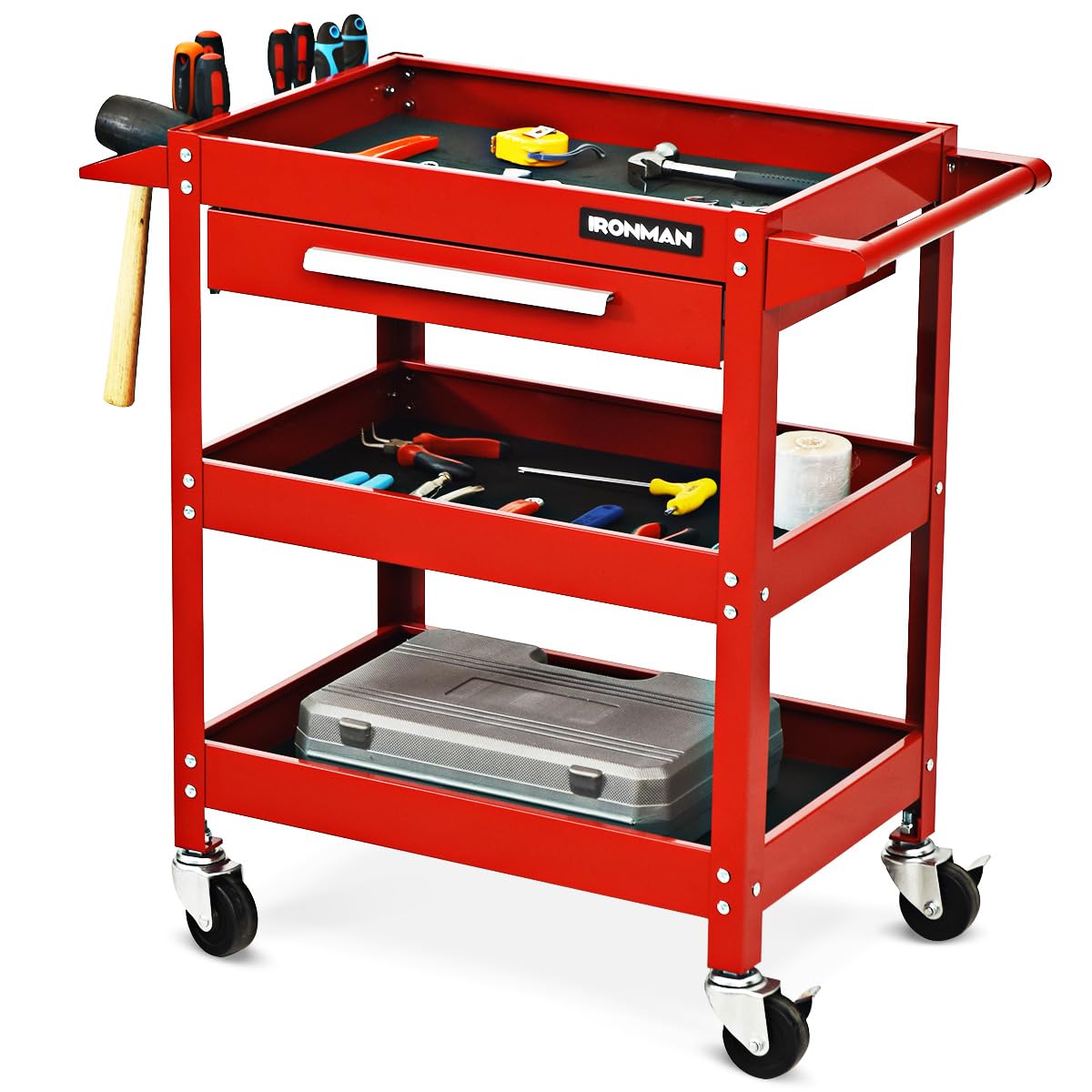 IRONMAX 3 Tier Tool Chest, Heavy Duty Industrial Utility Service Cart with Drawer & Wheels, Rolling Mechanic Tool Box Organizer for Garage Warehouse Workshop Repair Shop Office, 330 LBS Capacity (Red)