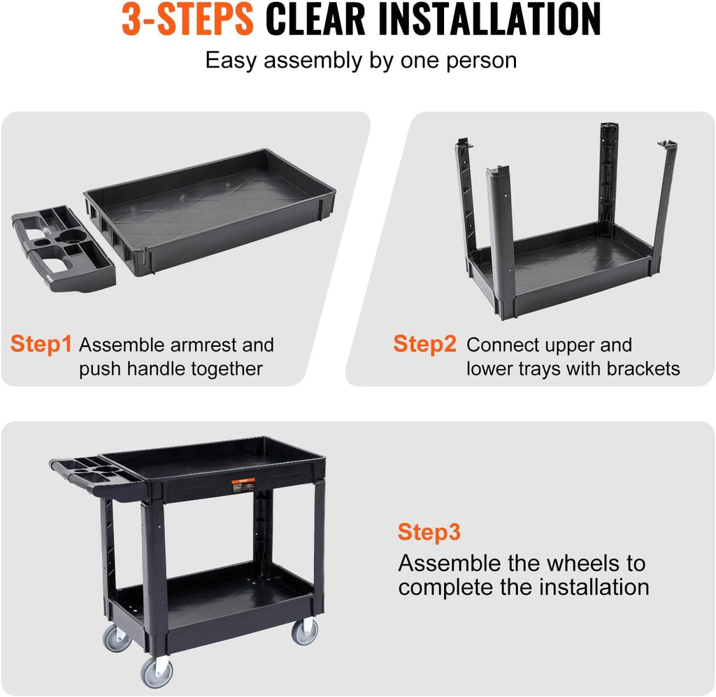 VEVOR Utility Service Cart, 2 Shelf 550LBS Heavy Duty Plastic Rolling Utility Cart, Medium Lipped Shelf, 360° Swivel Wheels, Ergonomic Storage Handle for Warehouse Garage, Black