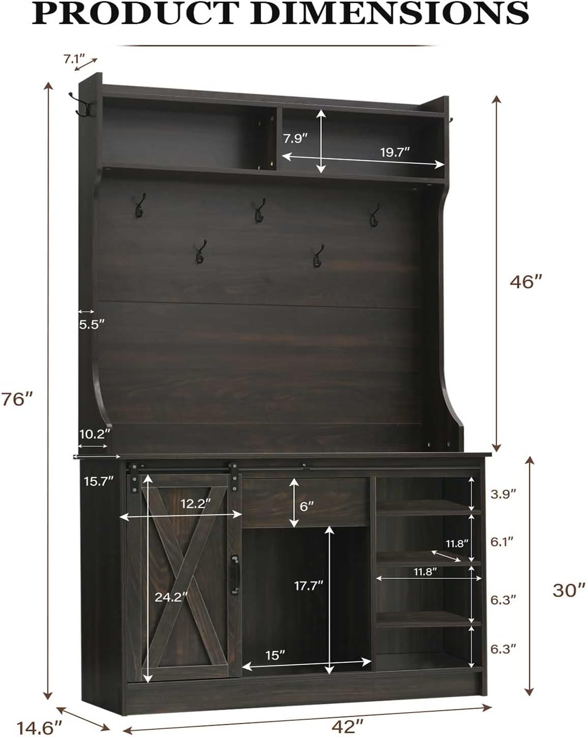 4ever2buy Farmhouse Hall Tree with Bench 5-in-1 Entryway Bench with Coat Rack with Sliding Barn Doors Entryway Coat Rack with Shoe Storage Dark Oak
