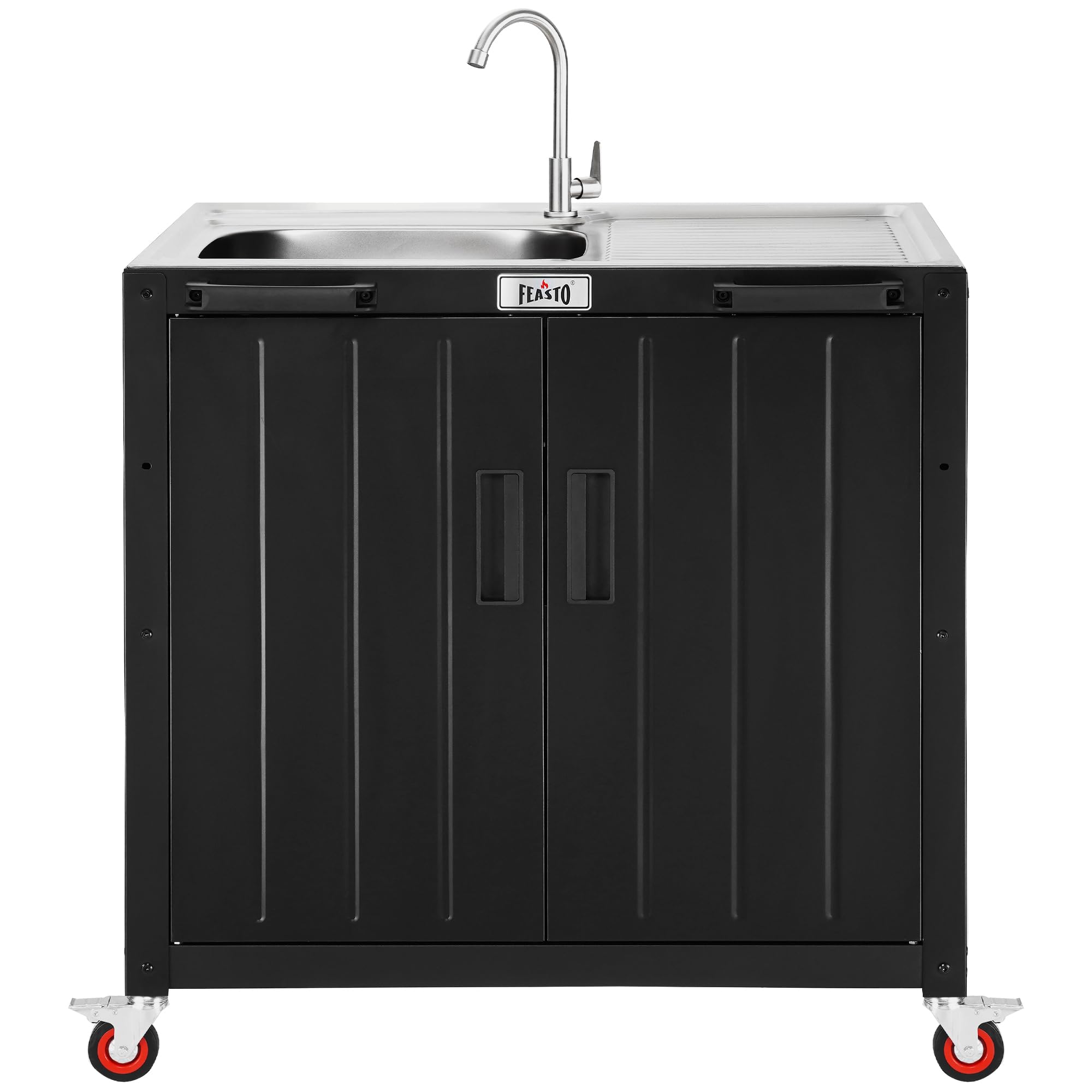 Feasto Outdoor Grill Cart with Storage Cabinet and Stainless Steel Top, 35-Inch Outdoor Grill Station with Door, Modular Kitchen Island for Food Prep and BBQ, Black & Silver
