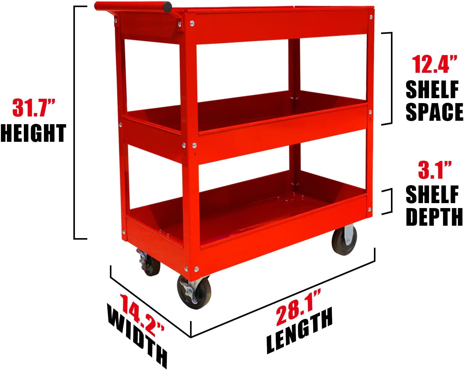 BIG RED Steel Rolling Service Tool Cart with 3 Tires , Heavy Duty Utility Cart on Wheels with Two Brake for Office，Kitchen，warehouse,400 lbs Capacity,Red