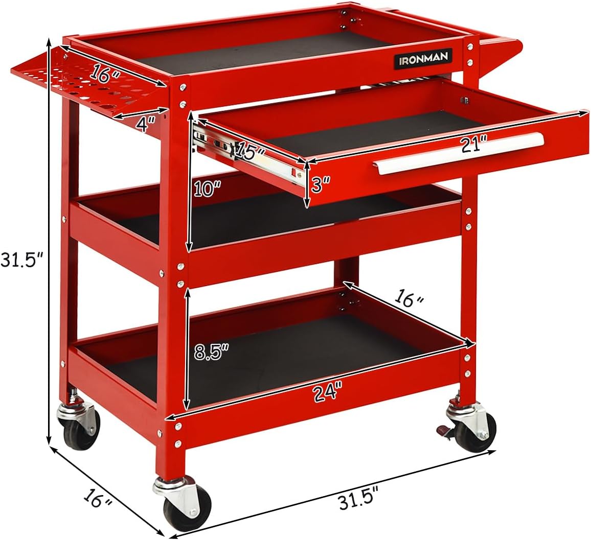 IRONMAX 3 Tier Tool Chest, Heavy Duty Industrial Utility Service Cart with Drawer & Wheels, Rolling Mechanic Tool Box Organizer for Garage Warehouse Workshop Repair Shop Office, 330 LBS Capacity (Red)