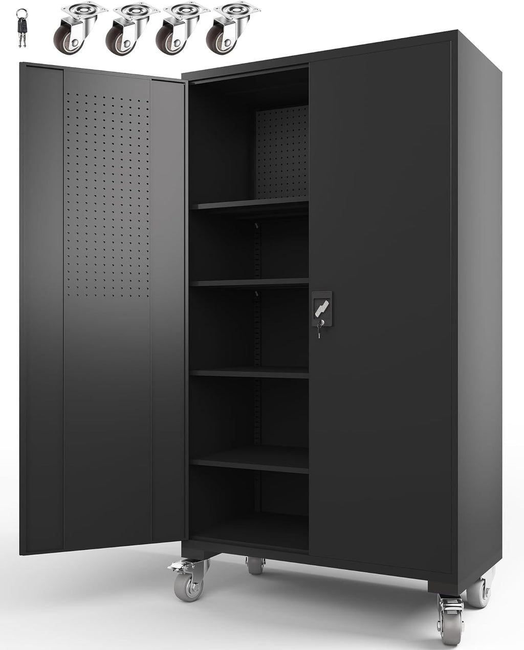Large Metal Cabinet Two Lockable Doors Four Wheels,Four Adjustable dividers can be Used as Tool File Storage Suitable for garages Schools Gyms Offices