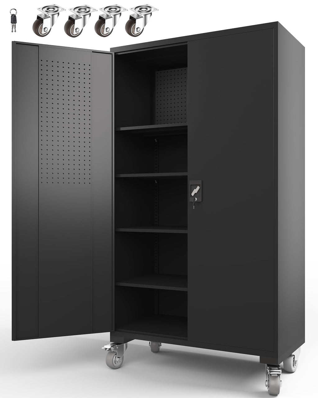 Large Metal Cabinet Two Lockable Doors Four Wheels,Four Adjustable dividers can be Used as Tool File Storage Suitable for garages Schools Gyms Offices