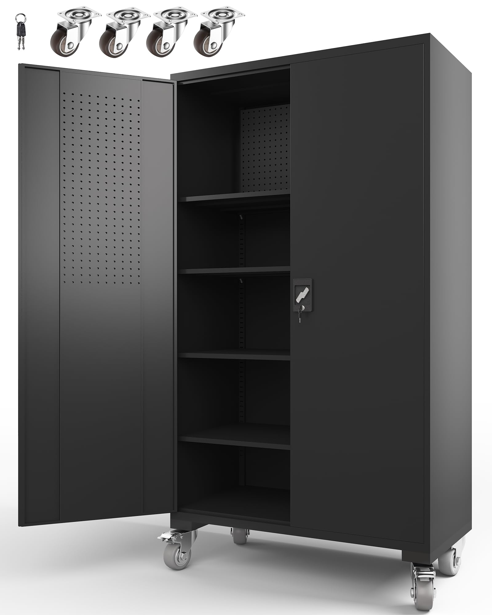 Large Metal Cabinet Two Lockable Doors Four Wheels,Four Adjustable dividers can be Used as Tool File Storage Suitable for garages Schools Gyms Offices