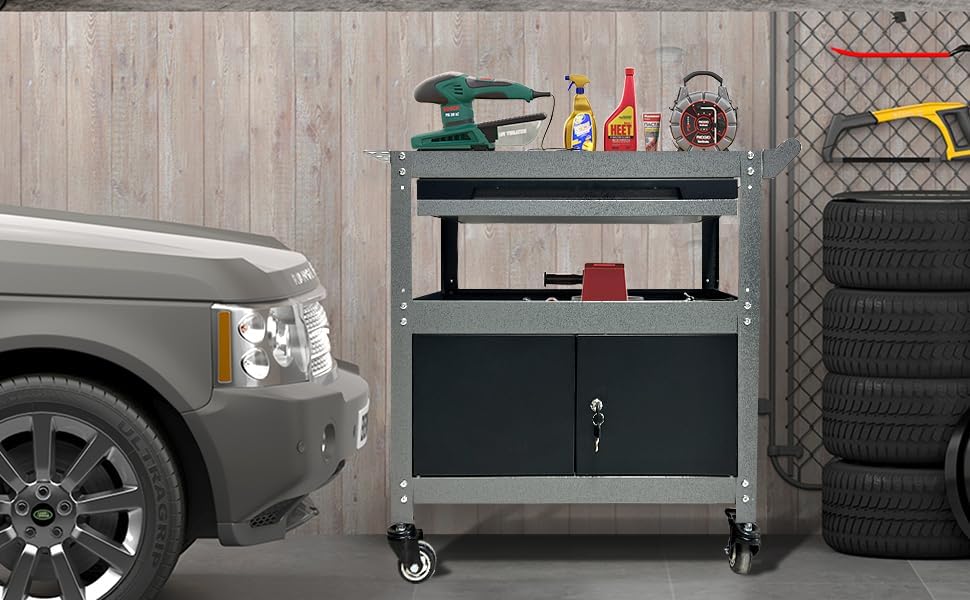 JZD Steel Rolling Tool Cart, Metal Industrial Grade Utility Cart on Wheels with One Drawer & Lockable Cabinets, for Mechanic Garage Auto Repair Shop, Black & Grey