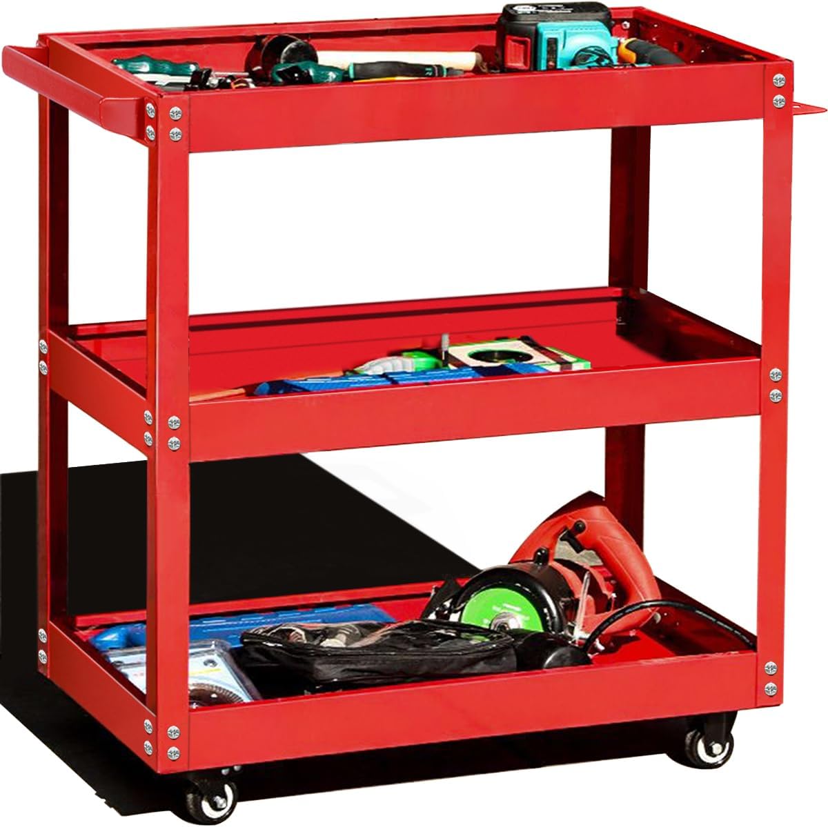 Tool Cart on Wheels, 3 Tier Rolling Mechanic Utility Cart, Heavy Duty Steel, Lockable Wheels, 450 LBS Capacity for Garage, Warehouse, Workshop