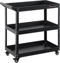 3 Tier Heavy Duty Rolling Tool Cart, Industrial Steel Service Cart for Garage, Workshop, Warehouse, 330LBS Capacity, Black Mechanics Tool Trolley with Wheels and Handle