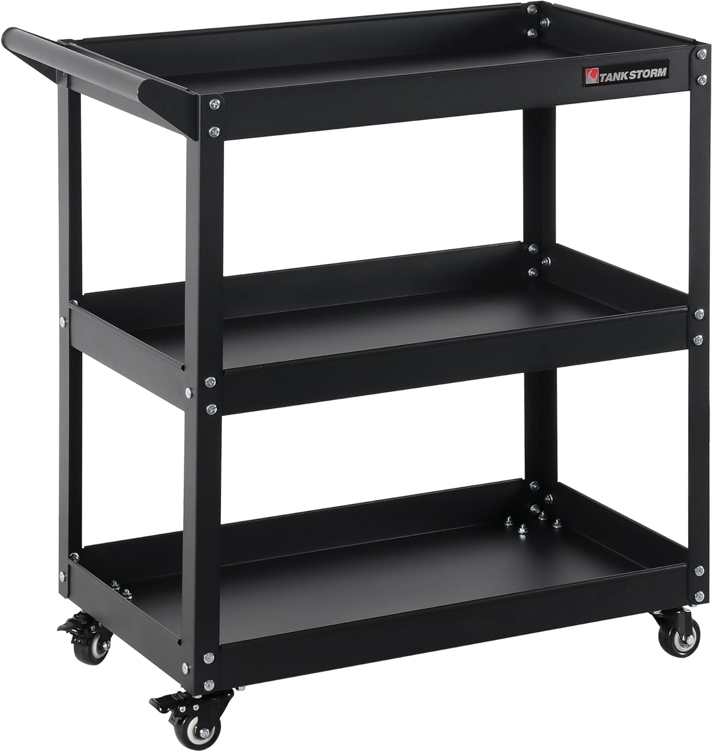 3 Tier Heavy Duty Rolling Tool Cart, Industrial Steel Service Cart for Garage, Workshop, Warehouse, 330LBS Capacity, Black Mechanics Tool Trolley with Wheels and Handle