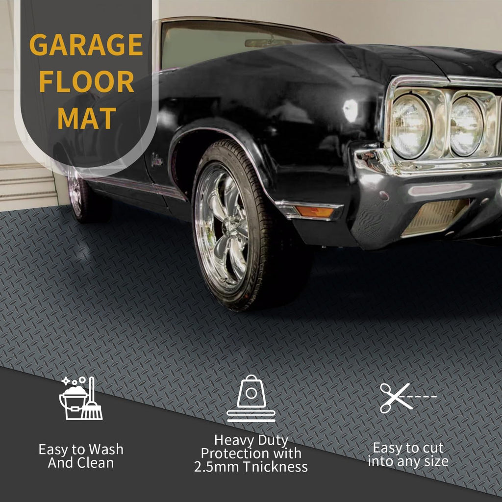 4x10FT Garage Floor Mat, Garage Floor Roll for Under Car, Golf Cart Parking Mat, Diamond Plate PVC Rubber Motorcycle Mat, Non-Slip Floor Protector for Garage Warehouse Trailer