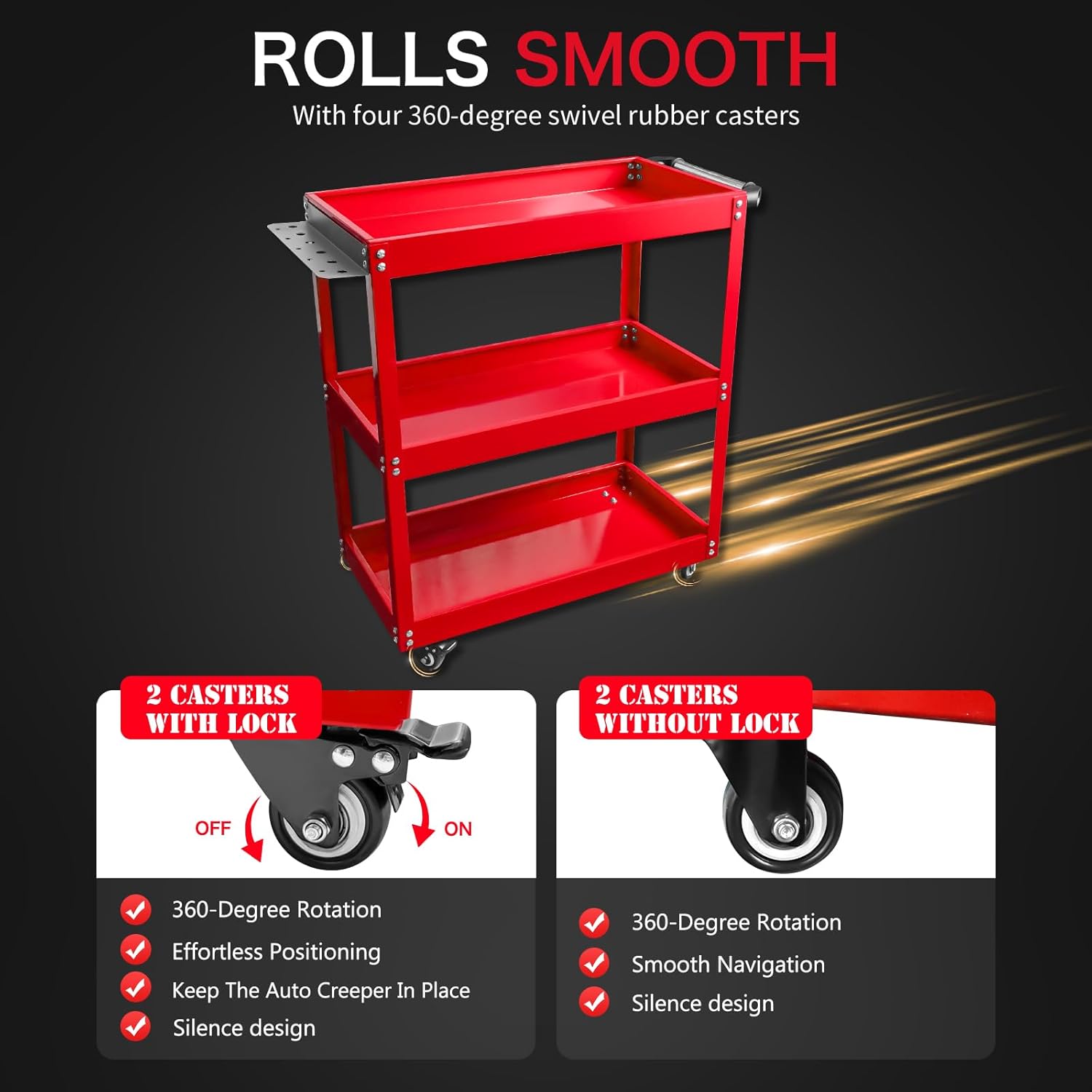 YATOINTO Updated Rolling Tool Cart 330LBS Metal 3 Tier Rolling Cart Carts with Wheels Heavy Duty Utility Carts, Ergonomic Handle Rolling Mechanic Tool Cart Storage Organizer for Warehouse Garage