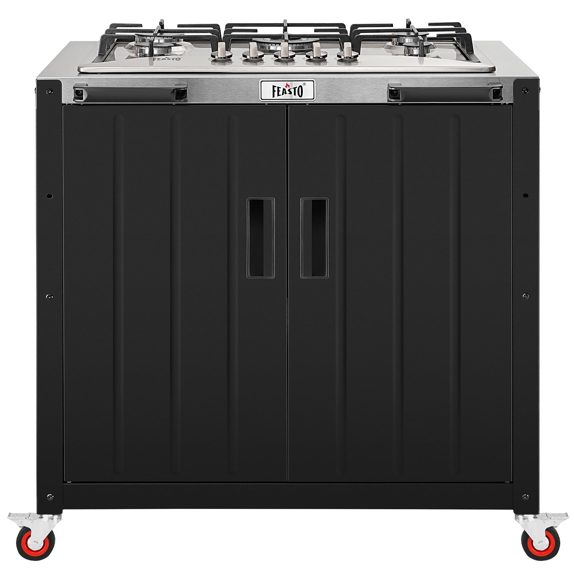 Feasto Outdoor Grill Cart with Storage Cabinet and Stainless Steel Top, 35-Inch Outdoor Grill Station with Door, Modular Kitchen Island for Food Prep and BBQ, Black & Silver