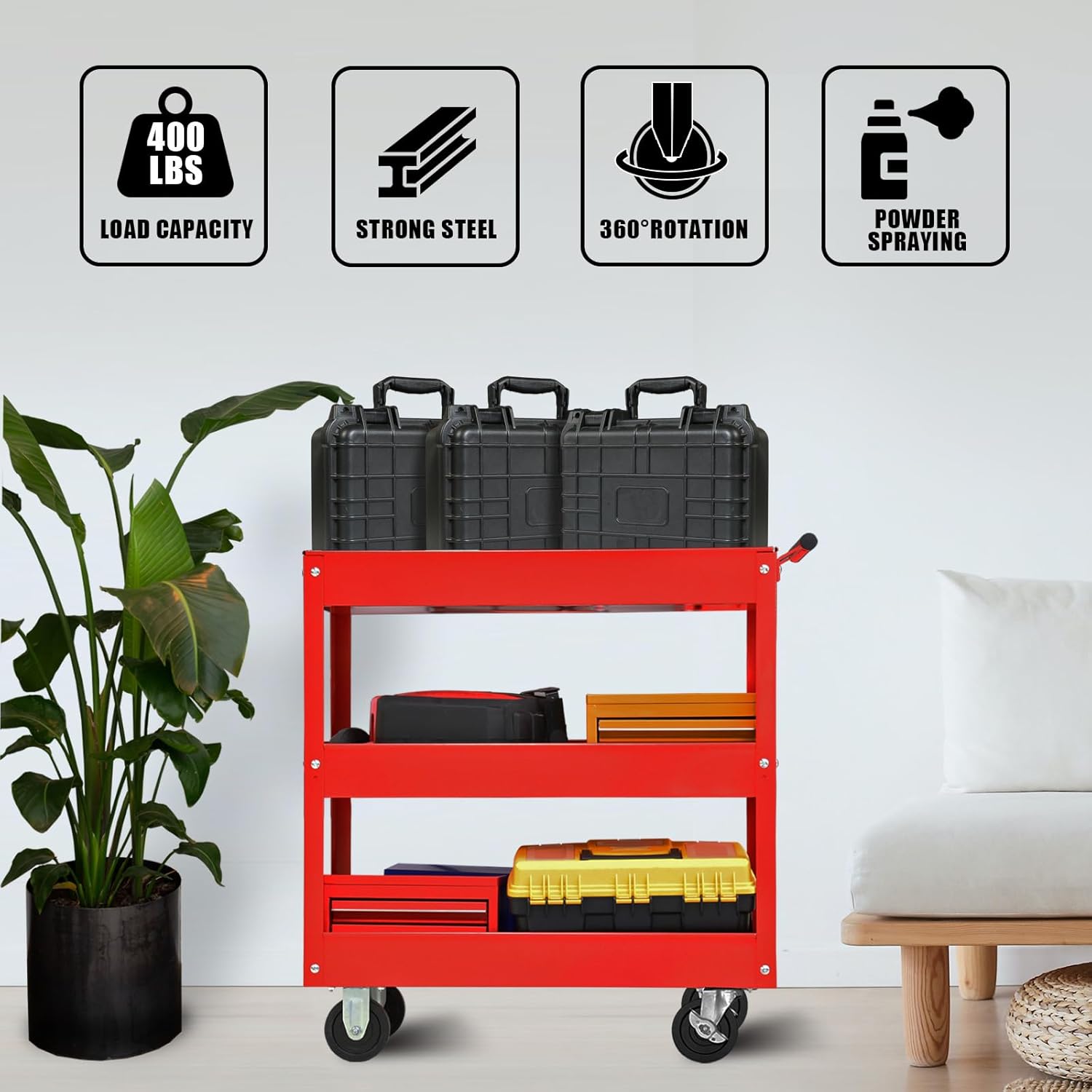 Torin APTC302B Steel Tool Service Push Cart with 3 Shelves and 200 lb Capacity, Red