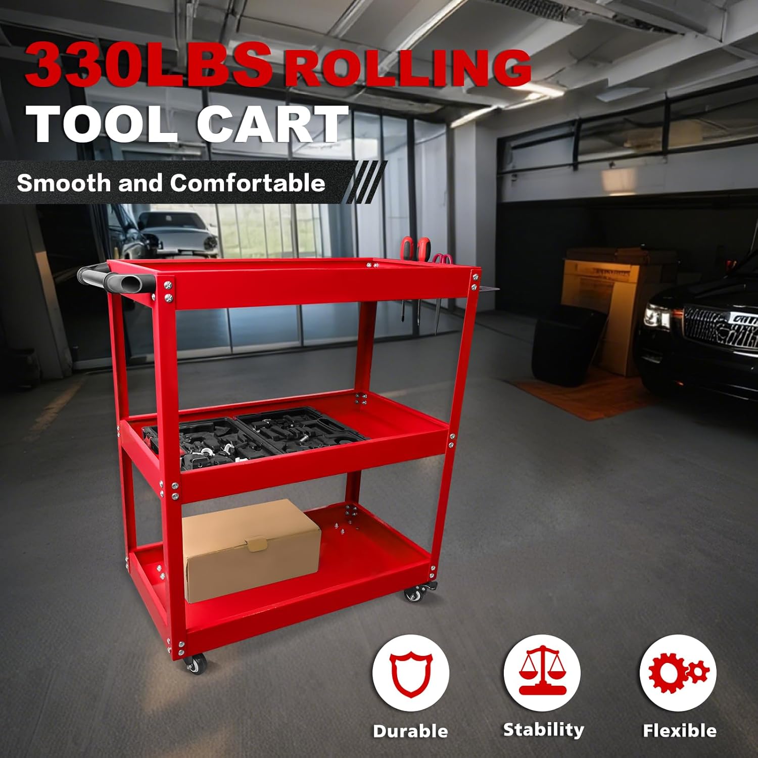 YATOINTO Updated Rolling Tool Cart 330LBS Metal 3 Tier Rolling Cart Carts with Wheels Heavy Duty Utility Carts, Ergonomic Handle Rolling Mechanic Tool Cart Storage Organizer for Warehouse Garage