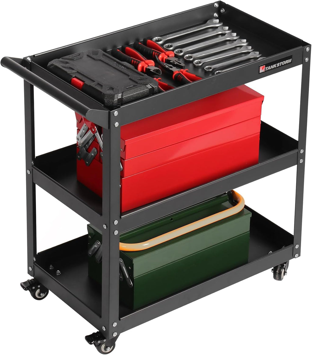 3 Tier Heavy Duty Rolling Tool Cart, Industrial Steel Service Cart for Garage, Workshop, Warehouse, 330LBS Capacity, Black Mechanics Tool Trolley with Wheels and Handle