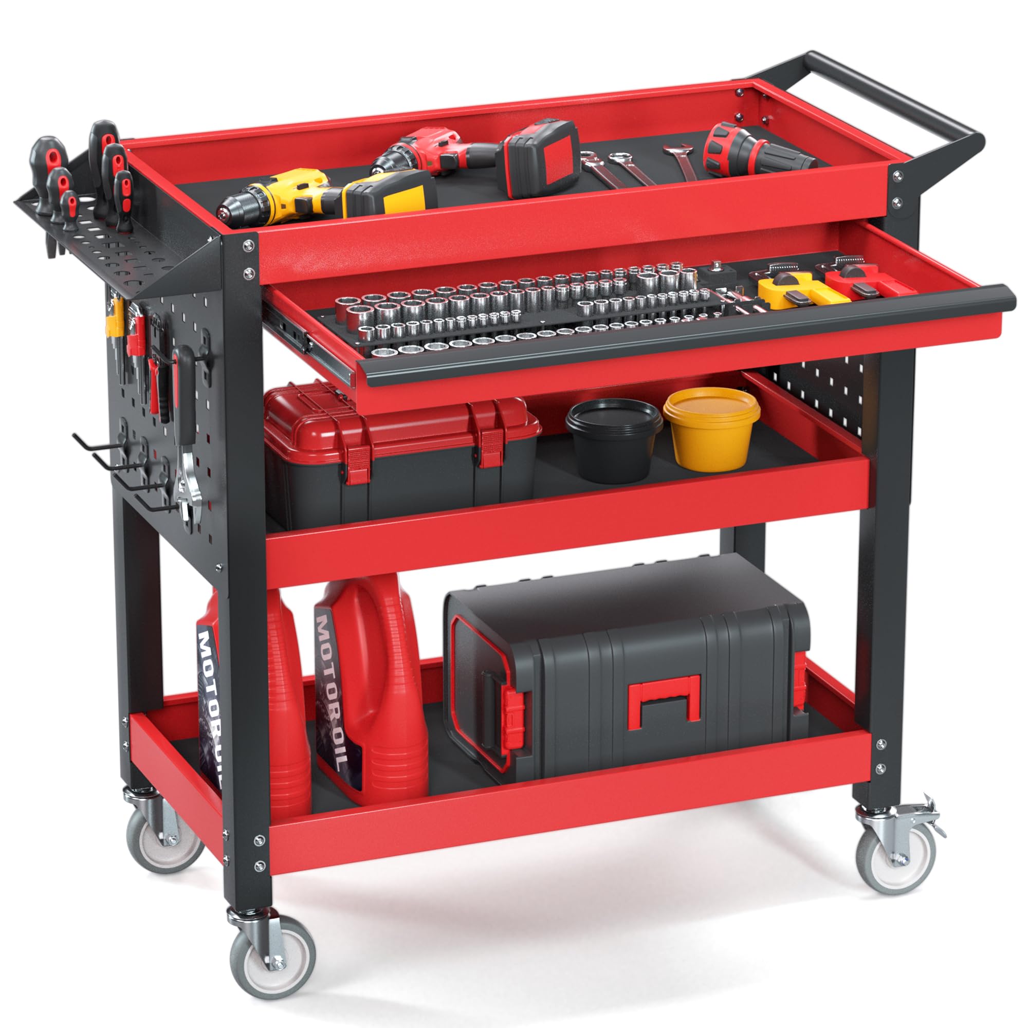 3 Tier Tool Cart on Wheels, Heavy Duty Metal Rolling with Drawers and Pegboards, 660 LBS Load Capacity Tool Storage Cart, Industrial Utility for Garage, Warehouse, Workshop