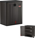 Suncast Heavy-Duty Resin Outdoor Storage Cabinet, 30" W x 20.25" D x 36" H Dark Grey Base Garage Storage Cabinet with Lockable Doors and Metal Reinforced Shelves, Made in The USA