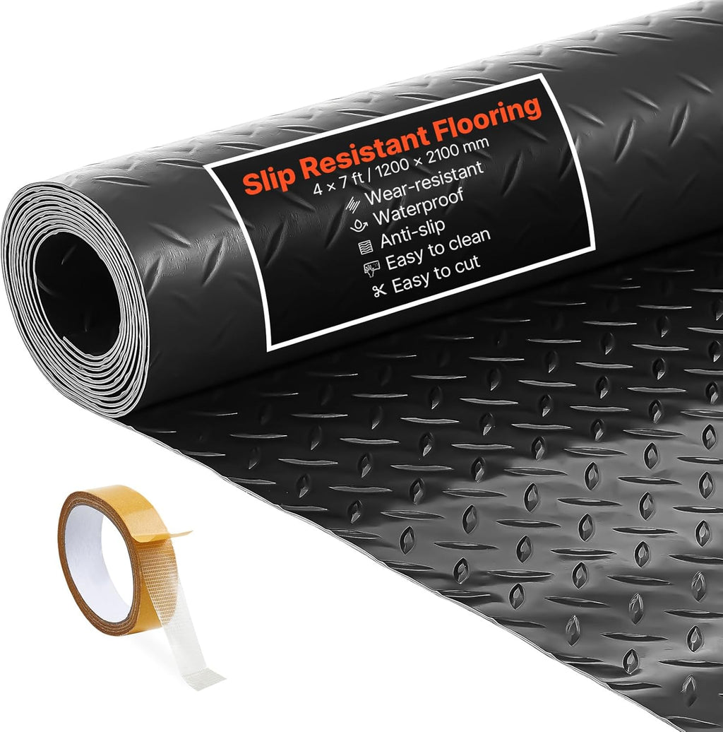 VEVOR Garage Floor Roll, 4 x 7 ft Garage Flooring Mat, 2.2 mm Thickened PVC Diamond Plate Floor Protector Mat with Double-Sided Tape, Non-Slip, Easy to Clean for Warehouse, Gyms, Trailer, Black