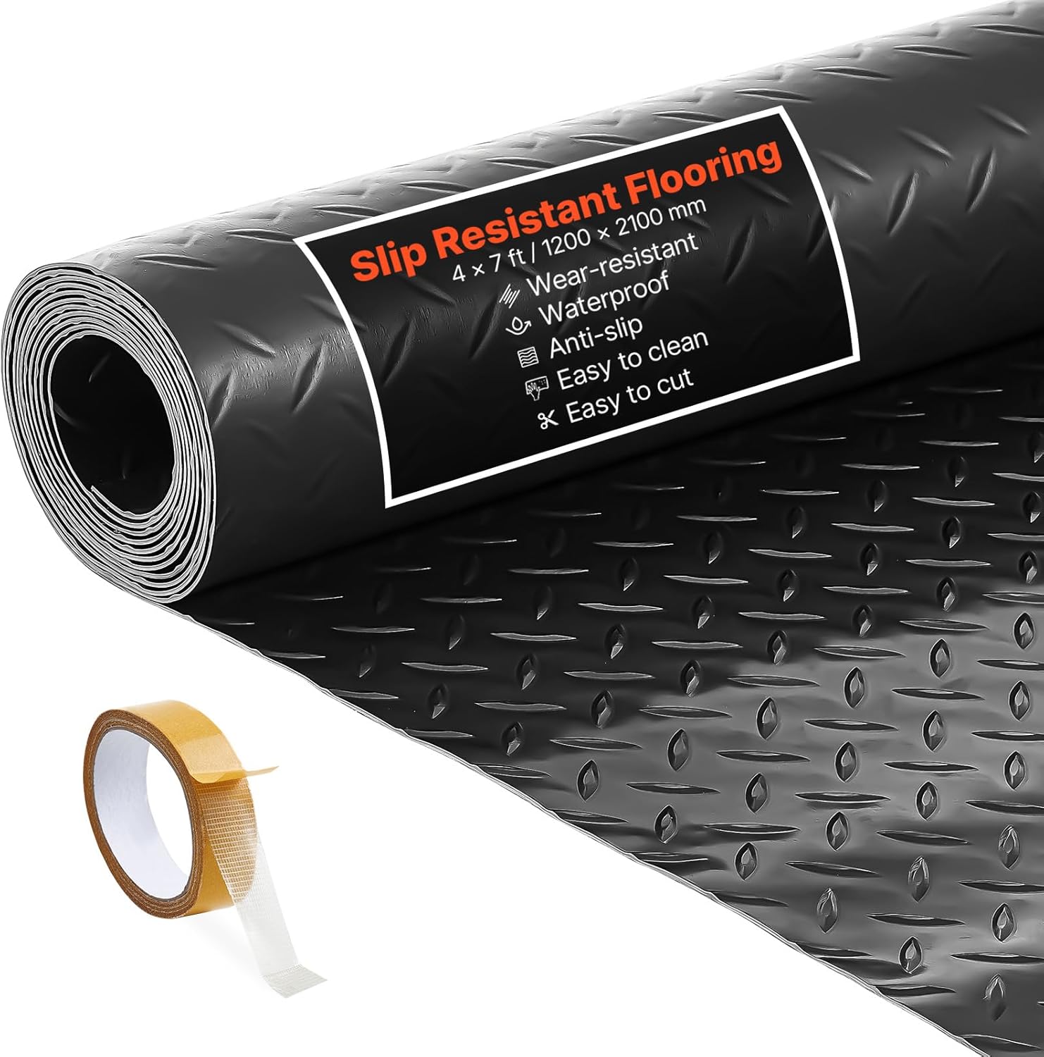 VEVOR Garage Floor Roll, 4 x 7 ft Garage Flooring Mat, 2.2 mm Thickened PVC Diamond Plate Floor Protector Mat with Double-Sided Tape, Non-Slip, Easy to Clean for Warehouse, Gyms, Trailer, Black