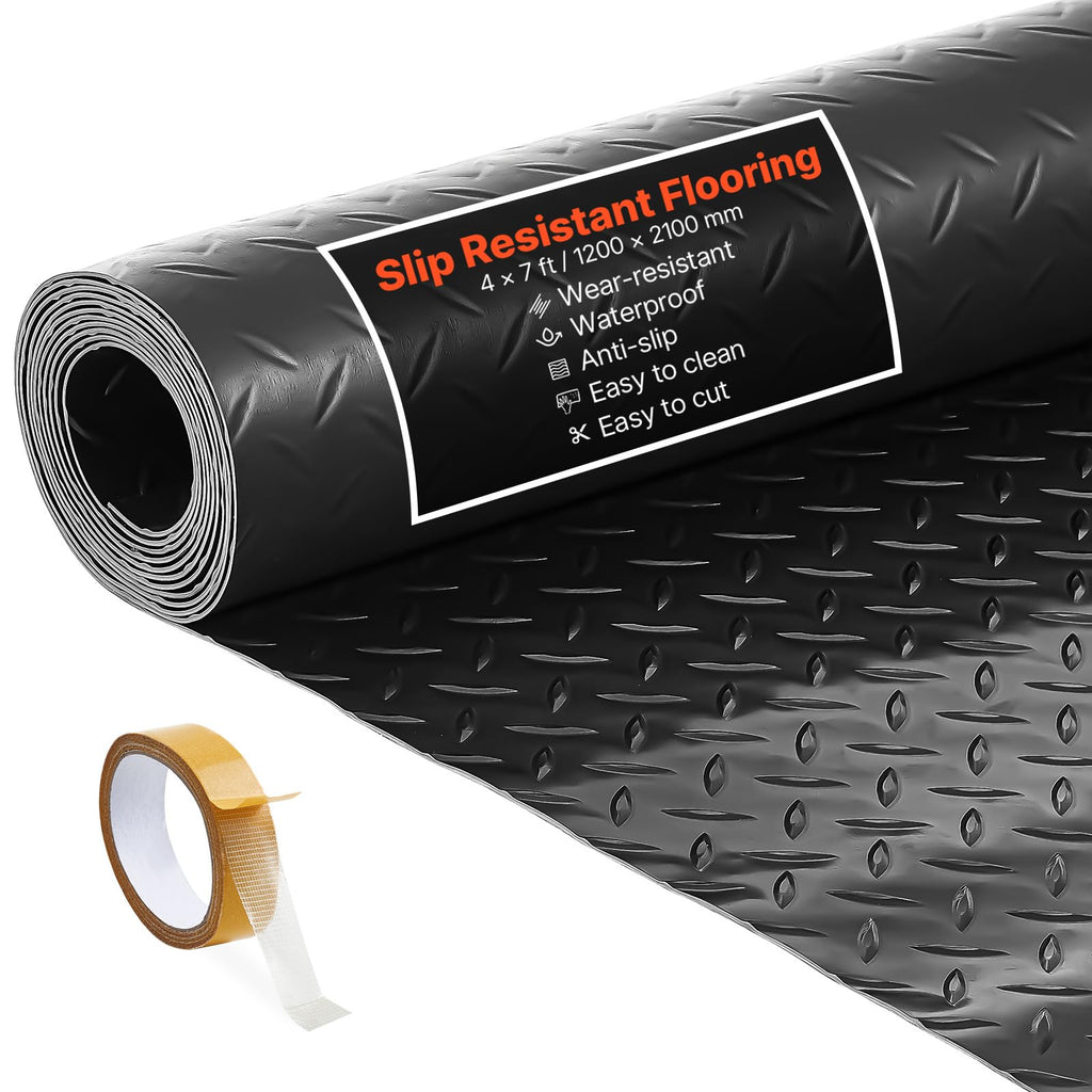 VEVOR Garage Floor Roll, 4 x 7 ft Garage Flooring Mat, 2.2 mm Thickened PVC Diamond Plate Floor Protector Mat with Double-Sided Tape, Non-Slip, Easy to Clean for Warehouse, Gyms, Trailer, Black