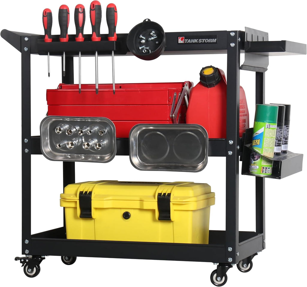 3 Tier Heavy Duty Rolling Tool Cart, Industrial Steel Service Cart for Garage, Workshop, Warehouse, 330LBS Capacity, Black Mechanics Tool Trolley with Wheels and Handle
