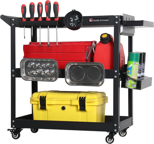 3 Tier Heavy Duty Rolling Tool Cart, Industrial Steel Service Cart for Garage, Workshop, Warehouse, 330LBS Capacity, Black Mechanics Tool Trolley with Wheels and Handle