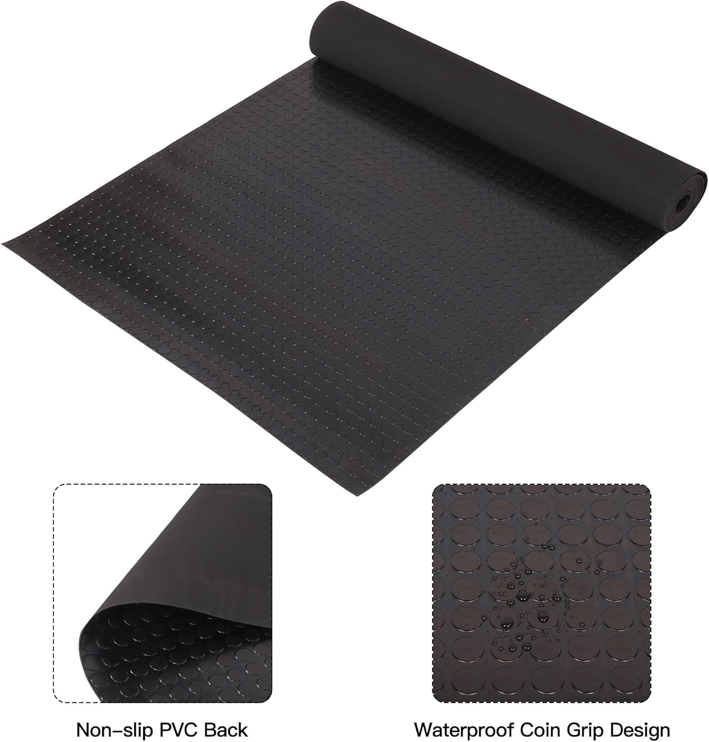 Baoz Garage Floor Rubber Mat 16.4x3.3ft Anti-Slip Rubber Floor Protector Heavy Duty Coin-Grip Rubber Flooring Rolls Parking Mats for Industry Garage Home Gym, 3mm Thick Black