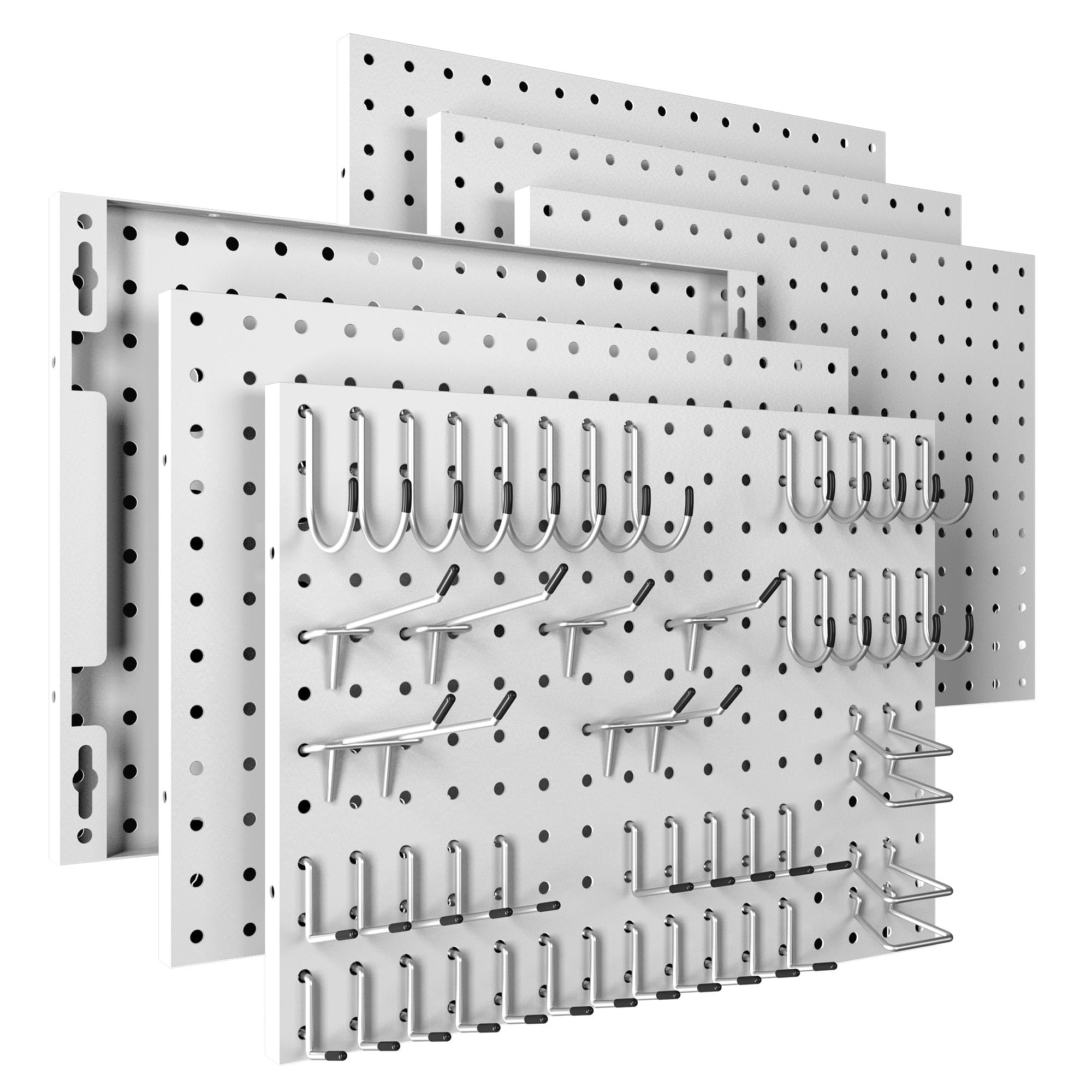 Spampur Peg Board, 4 Pack Metal Pegboard Panels with 50 Hooks, Black Pegboards Wall Organizer, Heavy Duty Peg Board for Walls Home, Garage Tool Storage, Office Organization, Craft Room, Kitchen