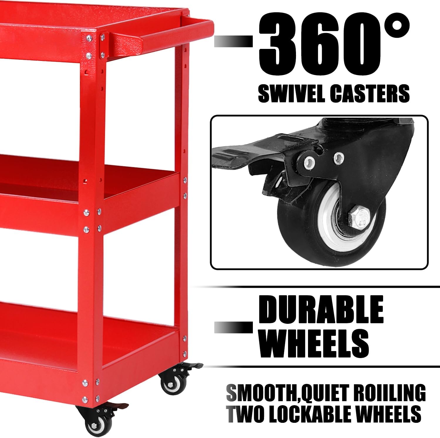 Tool Cart on Wheels, 3 Tier Rolling Mechanic Utility Cart, Heavy Duty Steel, Lockable Wheels, 450 LBS Capacity for Garage, Warehouse, Workshop