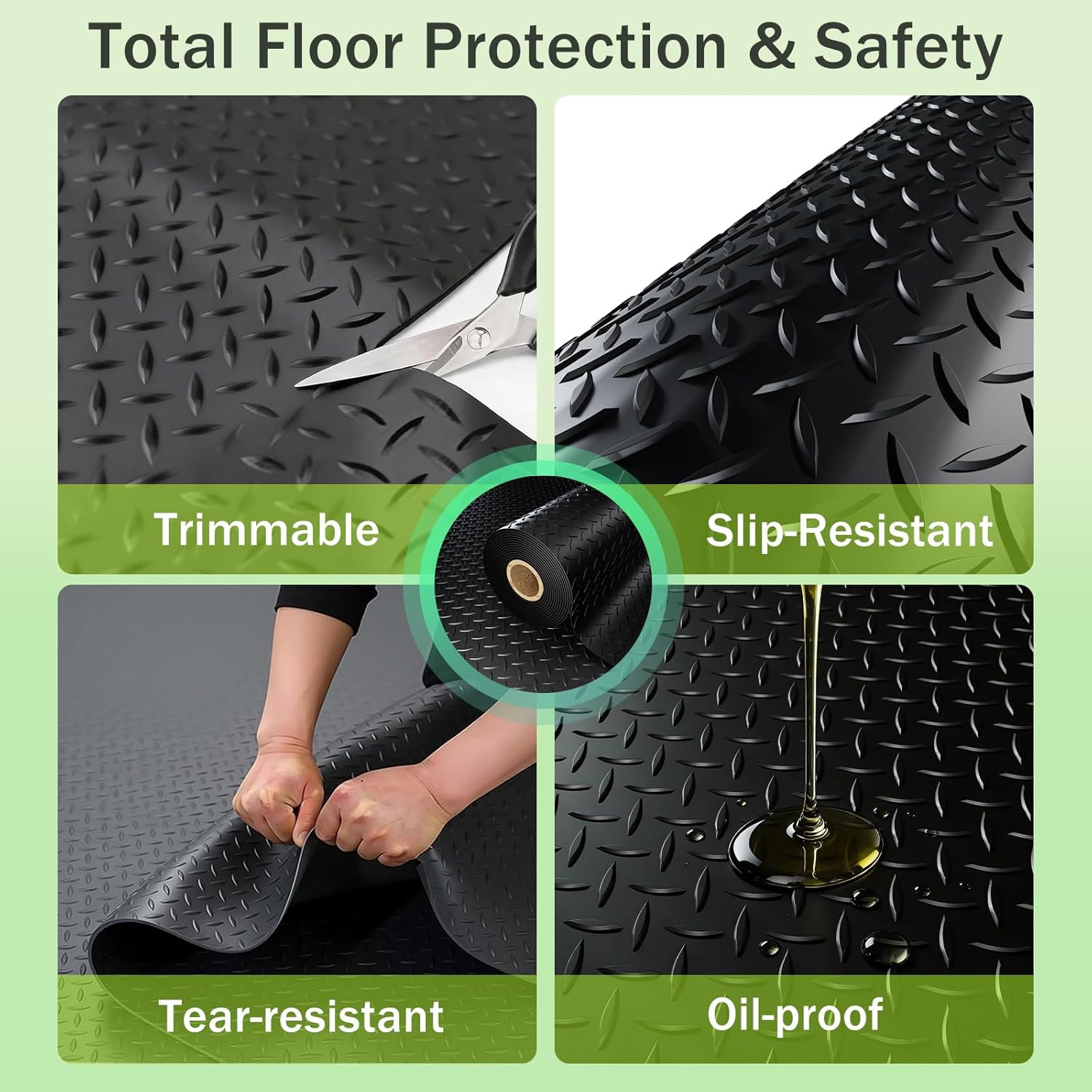 8x25 FT Garage Floor Mat, 2.8mm Thickened Flooring Roll for Under Car Diamond Plate PVC Rubber Mat with 20 Pcs Tapes, Non-Slip Floor Mat for Garage, Warehouse, Gyms, Trailer, Black
