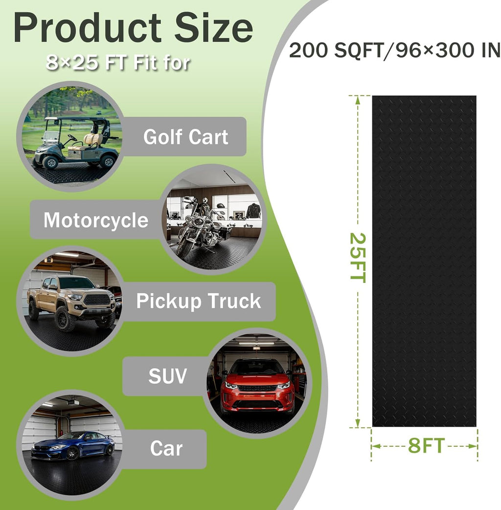 8x25 FT Garage Floor Mat, 2.8mm Thickened Flooring Roll for Under Car Diamond Plate PVC Rubber Mat with 20 Pcs Tapes, Non-Slip Floor Mat for Garage, Warehouse, Gyms, Trailer, Black
