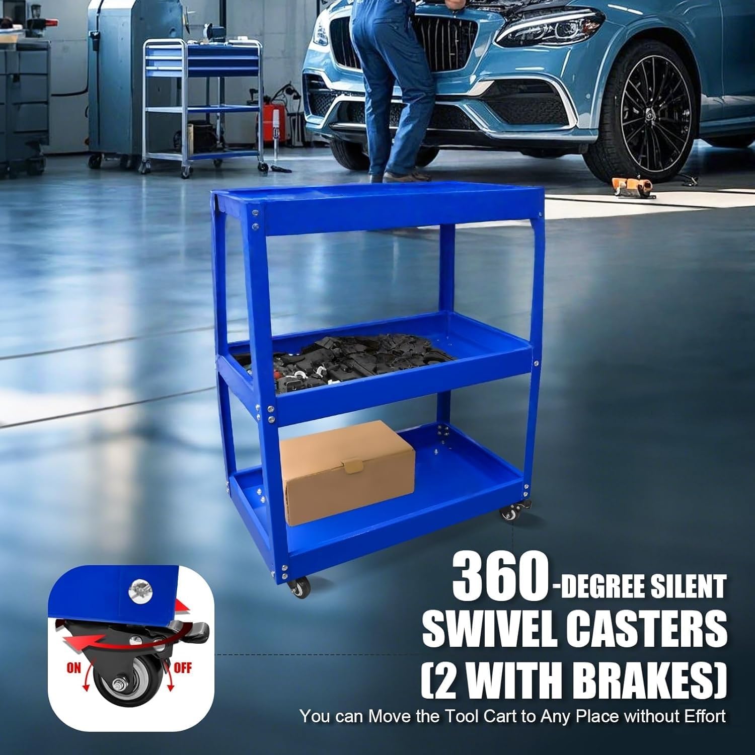 3-Tier Rolling Tool Cart, Blue, 470 LBS Capacity, 360-Degree Silent Swivel Casters with Brakes, Steel
