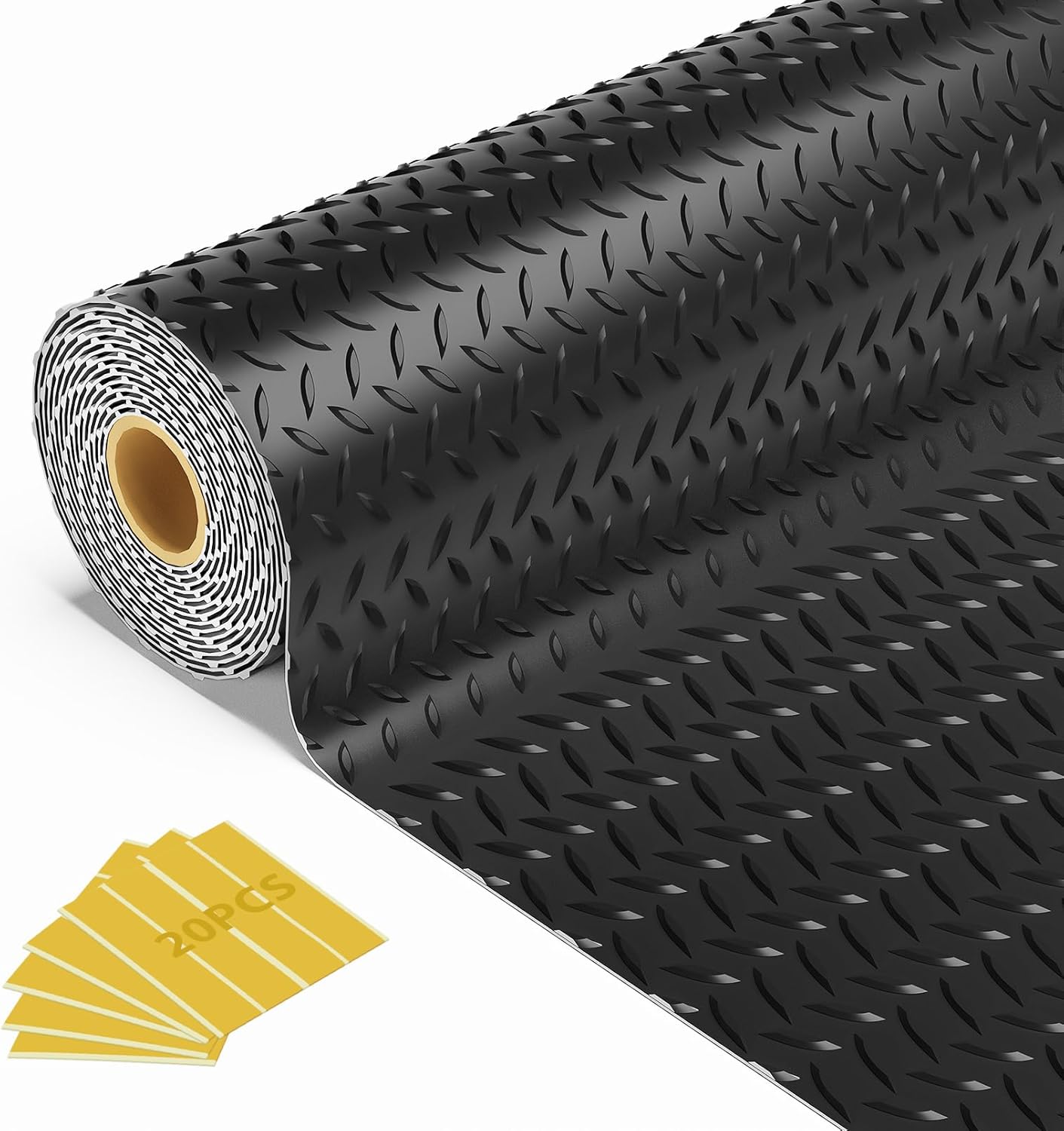 8x25 FT Garage Floor Mat, 2.8mm Thickened Flooring Roll for Under Car Diamond Plate PVC Rubber Mat with 20 Pcs Tapes, Non-Slip Floor Mat for Garage, Warehouse, Gyms, Trailer, Black