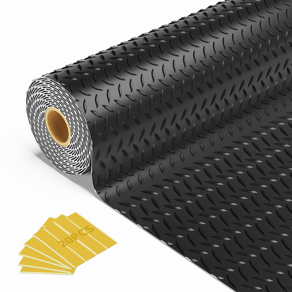 8x25 FT Garage Floor Mat, 2.8mm Thickened Flooring Roll for Under Car Diamond Plate PVC Rubber Mat with 20 Pcs Tapes, Non-Slip Floor Mat for Garage, Warehouse, Gyms, Trailer, Black