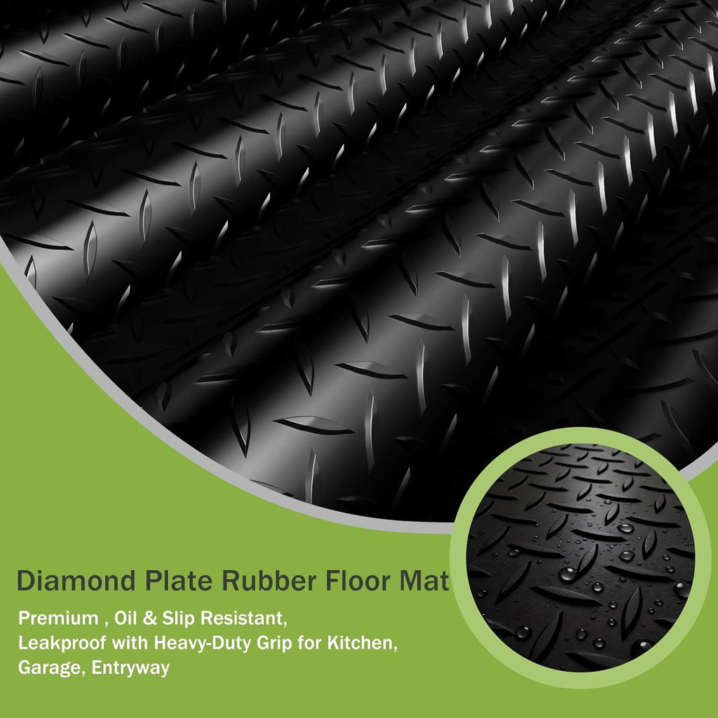 8x25 FT Garage Floor Mat, 2.8mm Thickened Flooring Roll for Under Car Diamond Plate PVC Rubber Mat with 20 Pcs Tapes, Non-Slip Floor Mat for Garage, Warehouse, Gyms, Trailer, Black