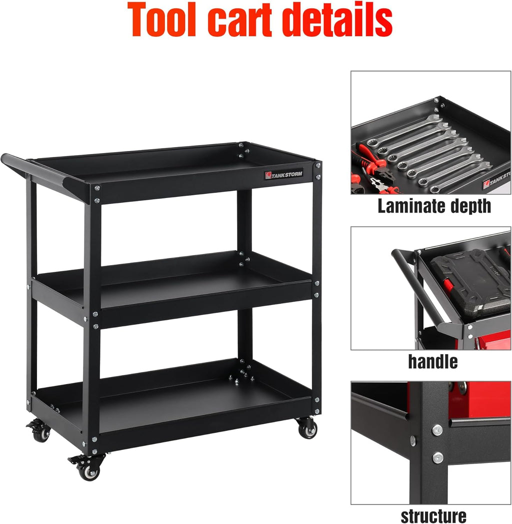 3 Tier Heavy Duty Rolling Tool Cart, Industrial Steel Service Cart for Garage, Workshop, Warehouse, 330LBS Capacity, Black Mechanics Tool Trolley with Wheels and Handle