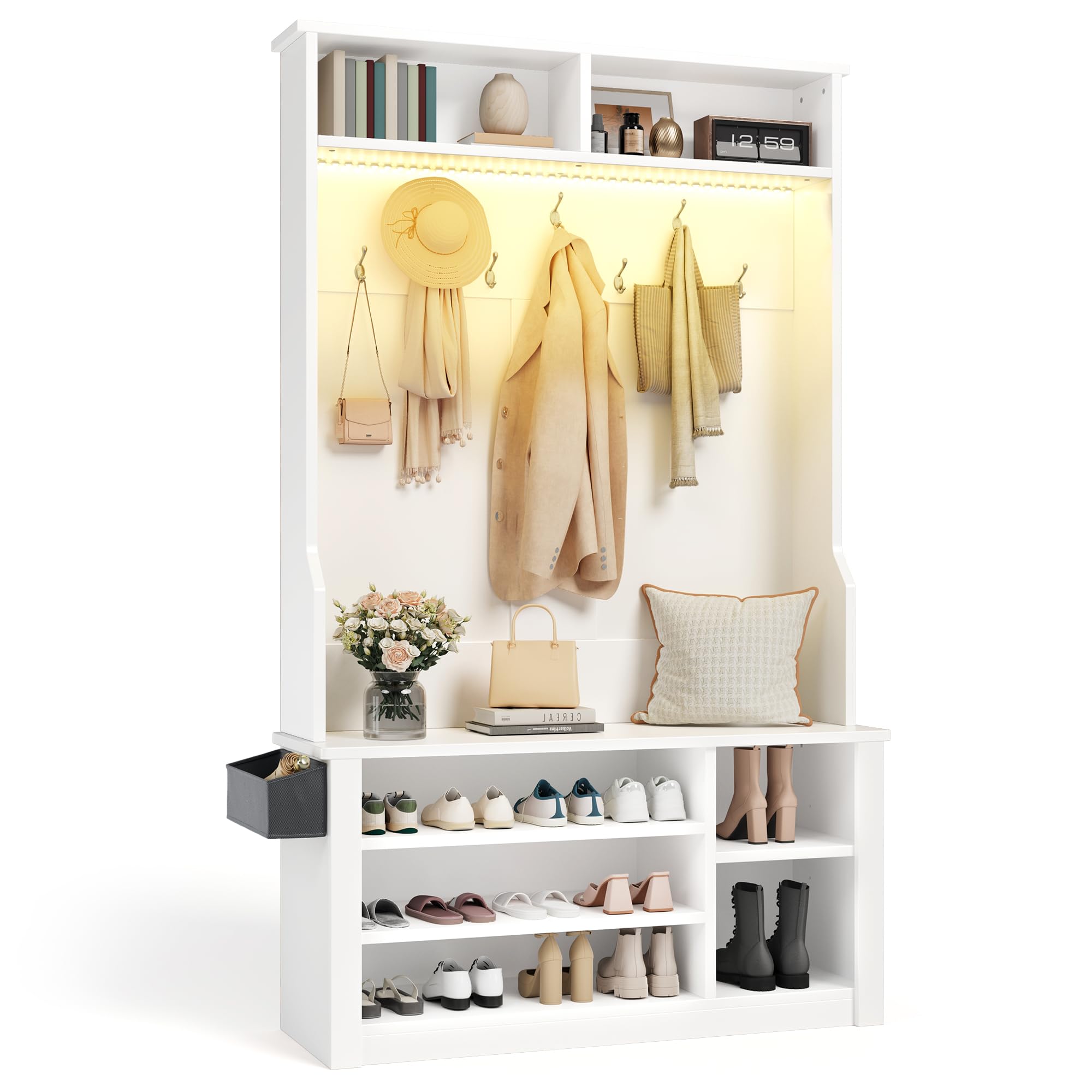 Aiho Hall Tree with Bench and Shoe Storage,5-in-1 Entryway Bench with Coat Rack, Adjustable LED Light, for Hallway, Living Room, Rustic Brown
